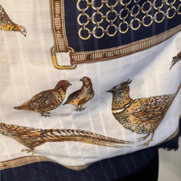 Jim Renoir Vintage Extra Large Square Pheasant Scarf 46x46 EUC Blue/White/Gold - Picture 9 of 14